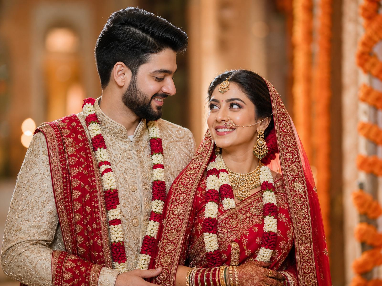A joyful Indian newlywed couple in traditional wedding attire